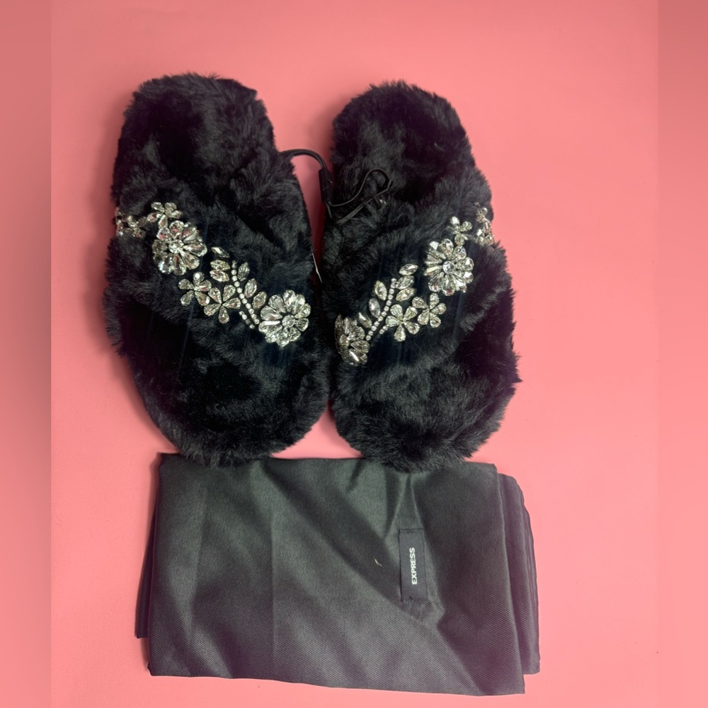 FURRY BEDAZZLED SLIPPERS | EXPRESS